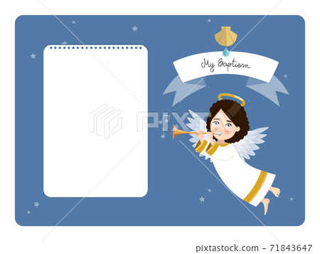 Angel playing the trumpet. My baptism horizontal invitation with message. Vector illustration Angel playing the trumpet. My baptism horizontal invitation with message. Vector illustration 71843647
