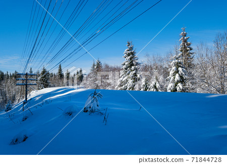 Railway through snowy fir forest and remote alpine helmet in Carpathian mountains, snow drifts on wayside Railway through snowy fir forest and remote alpine helmet in Carpathian mountains, snow drifts on wayside 71844728