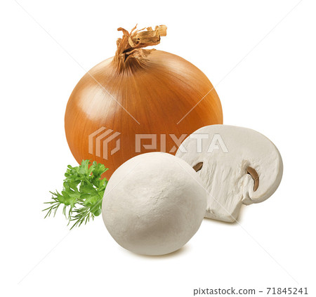 Onion and mushrooms isolated on white background Onion and mushrooms isolated on white background 71845241