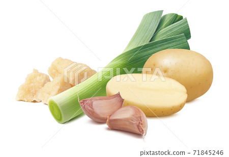 Leek, pieces of parmesan cheese, potato and garlic isolated on white background Leek, pieces of parmesan cheese, potato and garlic isolated on white background 71845246