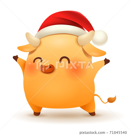 Cute little Ox wearing a Christmas Santa Red Cap with open arm Cute little Ox wearing a Christmas Santa Red Cap with open arm 71845540