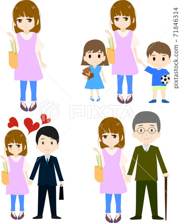 Illustration of a cute housewife holding hands with children 71846314