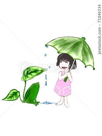 A frog sheltering from the rain with a girl A frog sheltering from the rain with a girl 71846334