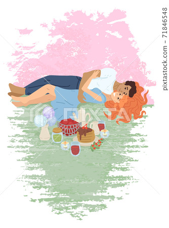 Lovely couple has picnic in the park. Vector cartoon illustration 71846548