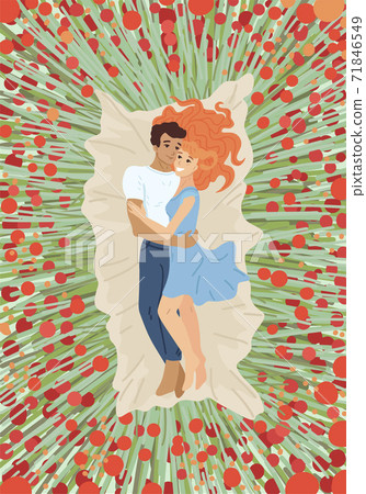Couple is lying on blanket around flowers on grass. Summer picnic. Vector cartoon illustration 71846549