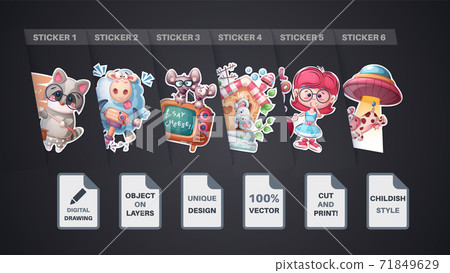 Set sticker - elephant, girl, cow, raccoon, lamb, mose 71849629
