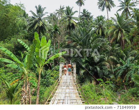 Lovely travel couple at the middle of the tropical jungle with palm trees and banana trees in Cebu Island, Philippines	 71849959