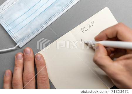 open notebook and face mask hand writing plan open notebook and face mask hand writing plan 71853471
