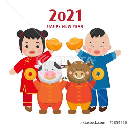 2021中國新年,傳統服飾的男孩女孩與十二生肖牛,卡通漫畫向量插畫 2021中國新年,傳統服飾的男孩女孩與十二生肖牛,卡通漫畫向量插畫 71854316