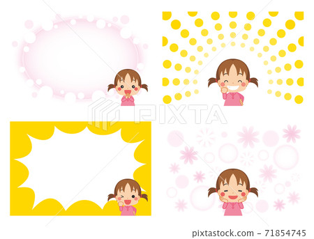 卡通風格的背景效果和一個心情愉快,笑容燦爛的小女孩在一起 卡通風格的背景效果和一個心情愉快,笑容燦爛的小女孩在一起 71854745