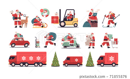 set santa claus delivering gifts merry christmas happy new year holidays celebration concept 71855876