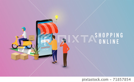 Man shopping online using smartphone. Mobile Application, Shopping Online delivery. Marketing Concept. Vector illustrator. Man shopping online using smartphone. Mobile Application, Shopping Online delivery. Marketing Concept. Vector illustrator. 71857854