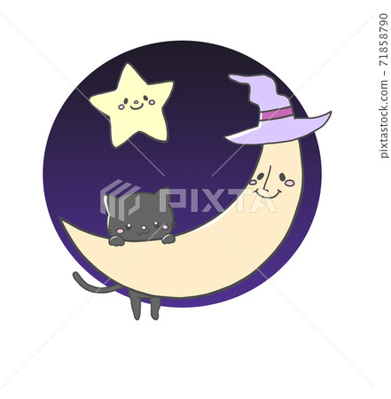 黑貓和星星在萬聖節掛在月亮上的可愛的手繪風格插圖 黑貓和星星在萬聖節掛在月亮上的可愛的手繪風格插圖 71858790