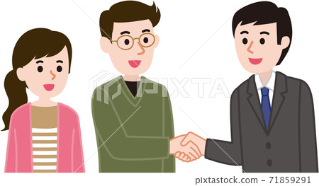 A couple shaking hands with a salesman A couple shaking hands with a salesman 71859291