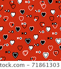 Abstract seamless pattern for Valentines day. Red background with small hearts. Cute hand-drawn simple illustration. Ornament for wrapping paper banner, postcard. Vector illustration about love. 71861303