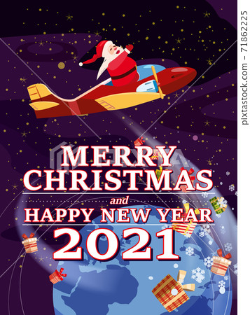Santa Claus Van with text Merry Chrismas and Happy New Year 2021 flying in plane delivering shipping gifts Santa Claus Van with text Merry Chrismas and Happy New Year 2021 flying in plane delivering shipping gifts 71862225