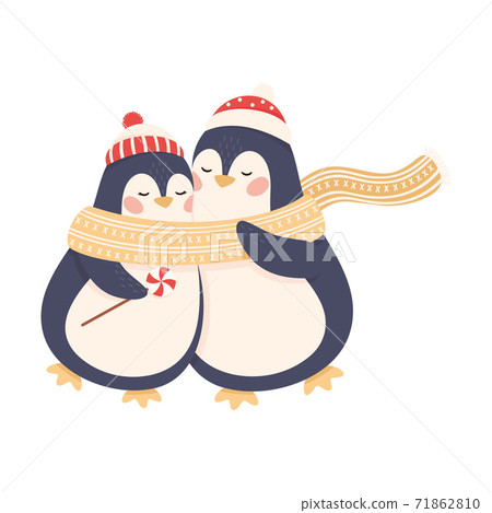 Cute Penguins as New Year Characters in Winter Hats Hugging and Embracing Each Other Vector Illustration 71862810