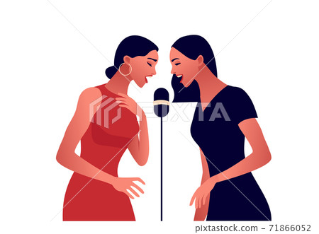 Elegant women in red dress singing in microphone 71866052