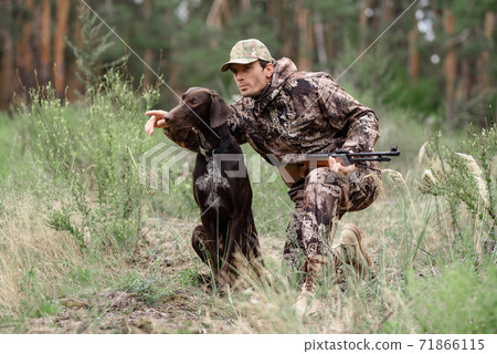 Hunter Gives Command to Clever Dog Animal Chasing. Hunter Gives Command to Clever Dog Animal Chasing. 71866115