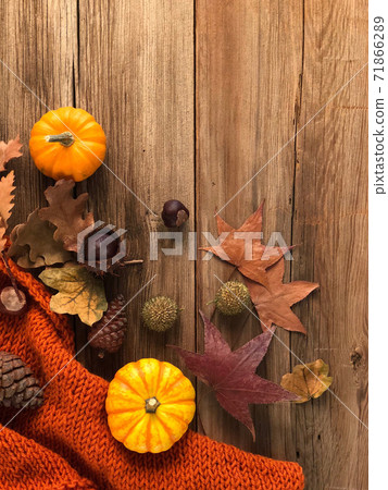 autumn template with pumpkin and dried leaves on a wooden table 71866289