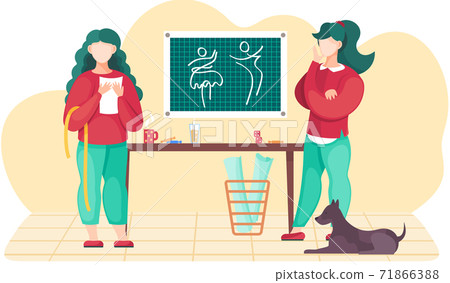 Designers working with new clothes. Colleagues planning the pattern. Girl stands with sheet of paper 71866388