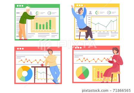 A set of illustrations on the topic of working with data graphs. People play cards and do analytics A set of illustrations on the topic of working with data graphs. People play cards and do analytics 71866565