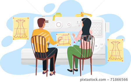 Fashion designers, seamstressers are sitting near the sketch with dress and discussing about model 71866566