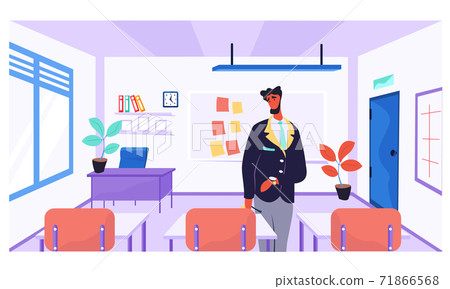 Online learning concept. Teacher in class room near the desk. Man conducts business training 71866568