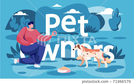 Young girl training dog to do tricks. Female feeding doggy from a bowl, takes care of a pet Young girl training dog to do tricks. Female feeding doggy from a bowl, takes care of a pet 71866570