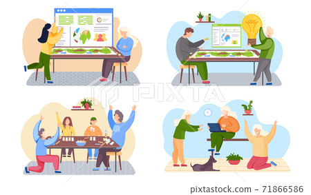 Set of illustrations on the theme of playing board games. People with travel guide on the background Set of illustrations on the theme of playing board games. People with travel guide on the background 71866586