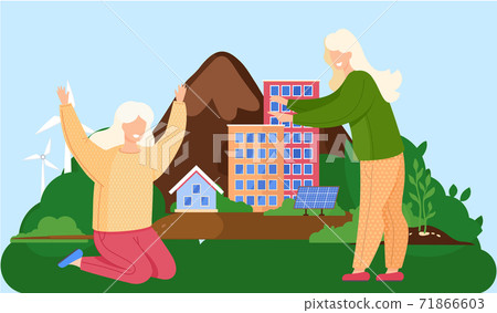 People walking outdoor and joyfully raise their hands up. Green energy sources in industry 71866603