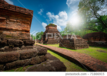 Ancient Buddha statue with tree at Wat Mahathat temple in Sukhothai Historical Park, Thailand. 71866915