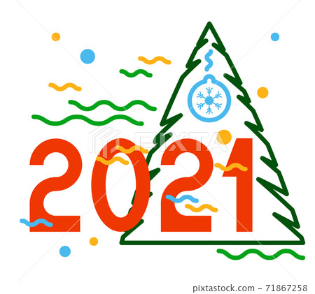 Happy new year 2021 text. Figures, spruce, New Year's ball in strict, straight lines. Template for your holiday flyers, greeting and invitation cards, website headers, advertisements. Vector 71867258