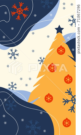 Christmas poster with stylized tree and balls. Flat graphic design of Stories in blue colors. Place for text. Vector Christmas poster with stylized tree and balls. Flat graphic design of Stories in blue colors. Place for text. Vector 71867296