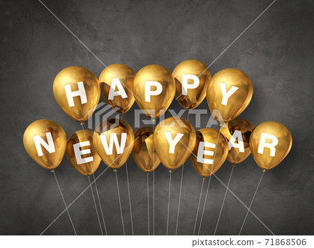 Gold happy new year air balloons on a dark concrete background Gold happy new year air balloons on a dark concrete background 71868506