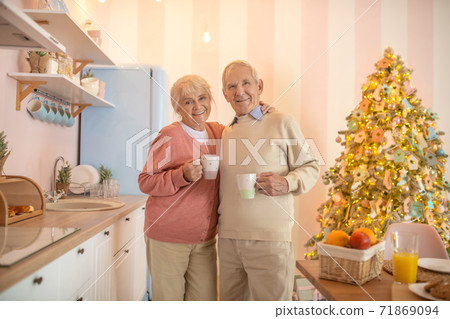 Elderly couple standing in the kitchen and looking happy 71869094