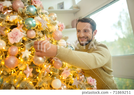 Bearded handsome man decorating new year tree Bearded handsome man decorating new year tree 71869251