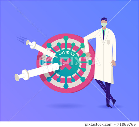 Vaccine and protection COVID-19 Coronavirus outbreak concept, Doctor wearing sanitary mask holding target to protect from COVID-19 coronavirus pathogens. Syringes with Vaccine defeat 71869769