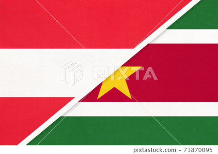 Austria and Suriname, symbol of national flags from textile. Austria and Suriname, symbol of national flags from textile. 71870095
