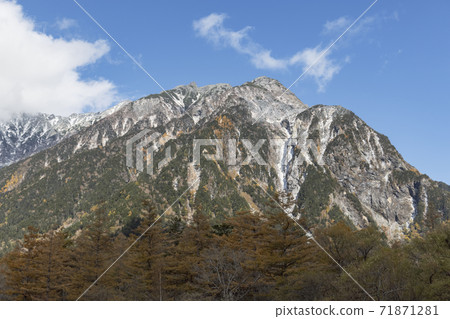 長野縣松本市,在秋葉和新鮮的雪中閃耀的上高地 長野縣松本市,在秋葉和新鮮的雪中閃耀的上高地 71871281