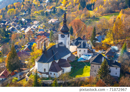 The Spania Dolina village with church and historic buildings in 71872967