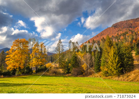 Autumn rural landscape in a mountain valley. Autumn rural landscape in a mountain valley. 71873024