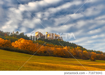 Autumn rural landscape. The medieval castle Lietava, Slovakia. 71873041