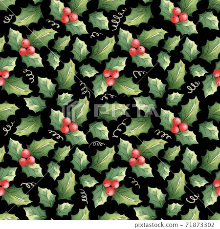 Christmas pattern with mistletoe. Watercolor drawing. Gifts, holiday packaging. Watercolor seamless pattern on a black background 71873302