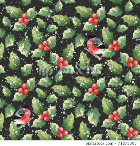 Christmas pattern with bullfinches and mistletoe leaves. Watercolor seamless pattern on a black background. 71873303