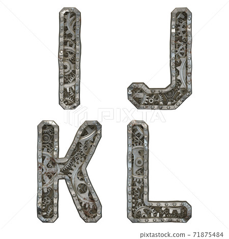 Mechanical alphabet made from rivet metal with gears on white background. Set of letters I, J, K, L. 3D Mechanical alphabet made from rivet metal with gears on white background. Set of letters I, J, K, L. 3D 71875484