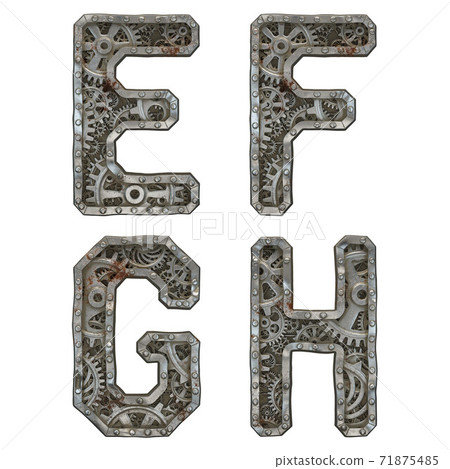 Mechanical alphabet made from rivet metal with gears on white background. Set of letters E, F, G, H. 3D Mechanical alphabet made from rivet metal with gears on white background. Set of letters E, F, G, H. 3D 71875485