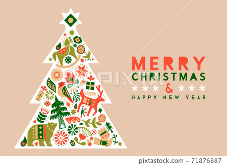 Christmas New Year retro folk icon pine tree card - Stock Illustration  [71876887] - PIXTA