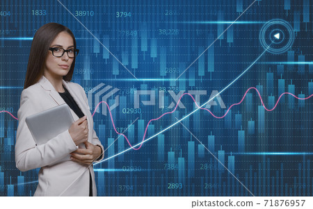 Business growth concept. Businesswoman over economical background with raising virtual financial chart Business growth concept. Businesswoman over economical background with raising virtual financial chart 71876957