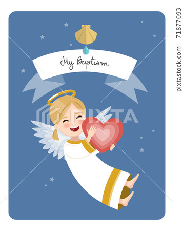Happy angel with red heart. Baptism reminder on blue sky and stars background. Vector illustration Happy angel with red heart. Baptism reminder on blue sky and stars background. Vector illustration 71877093